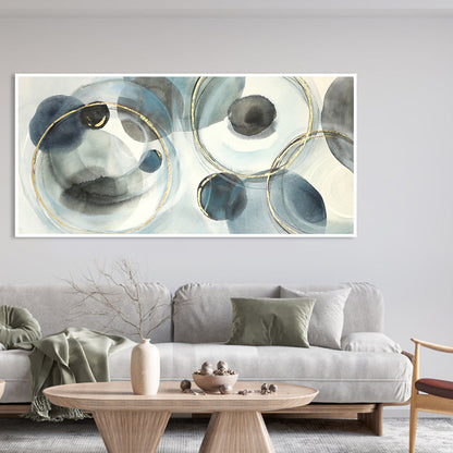 Serene Abstract Oil Painting with Blue and Gold Circular Motifs for Modern Home Decor