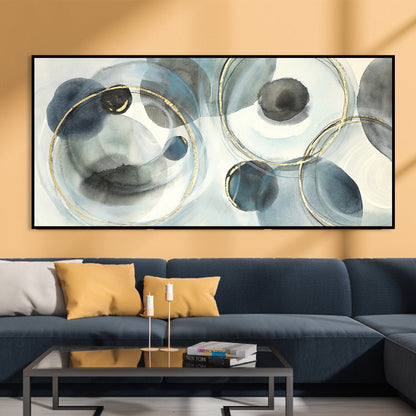 Serene Abstract Oil Painting with Blue and Gold Circular Motifs for Modern Home Decor