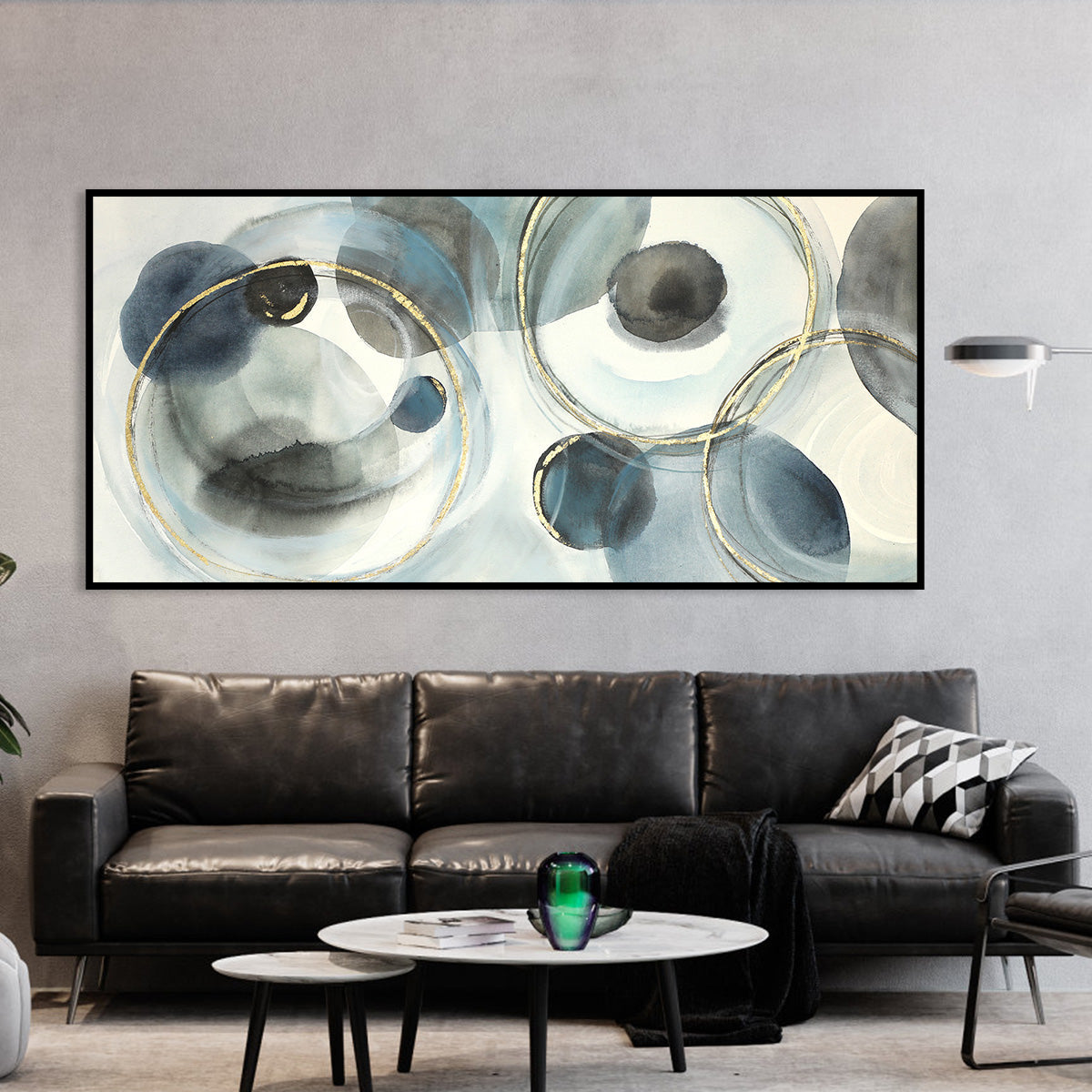 Serene Abstract Oil Painting with Blue and Gold Circular Motifs for Modern Home Decor