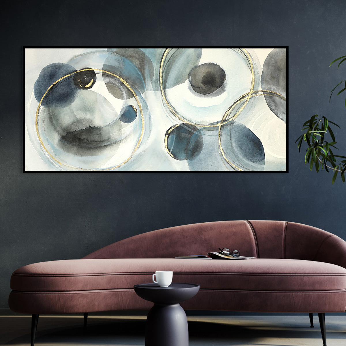 Serene Abstract Oil Painting with Blue and Gold Circular Motifs for Modern Home Decor