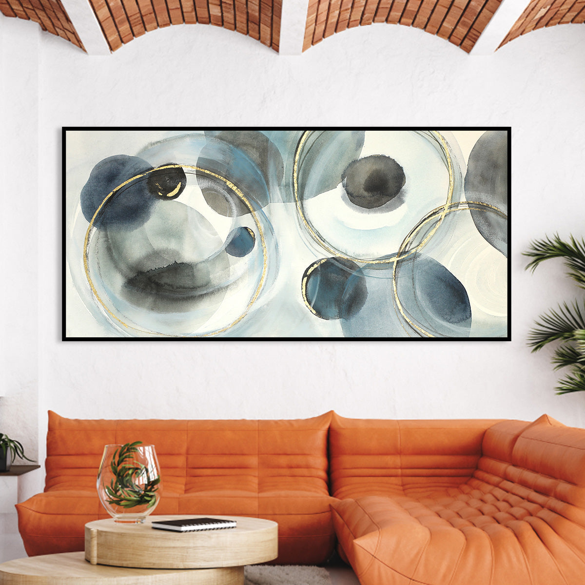 Serene Abstract Oil Painting with Blue and Gold Circular Motifs for Modern Home Decor