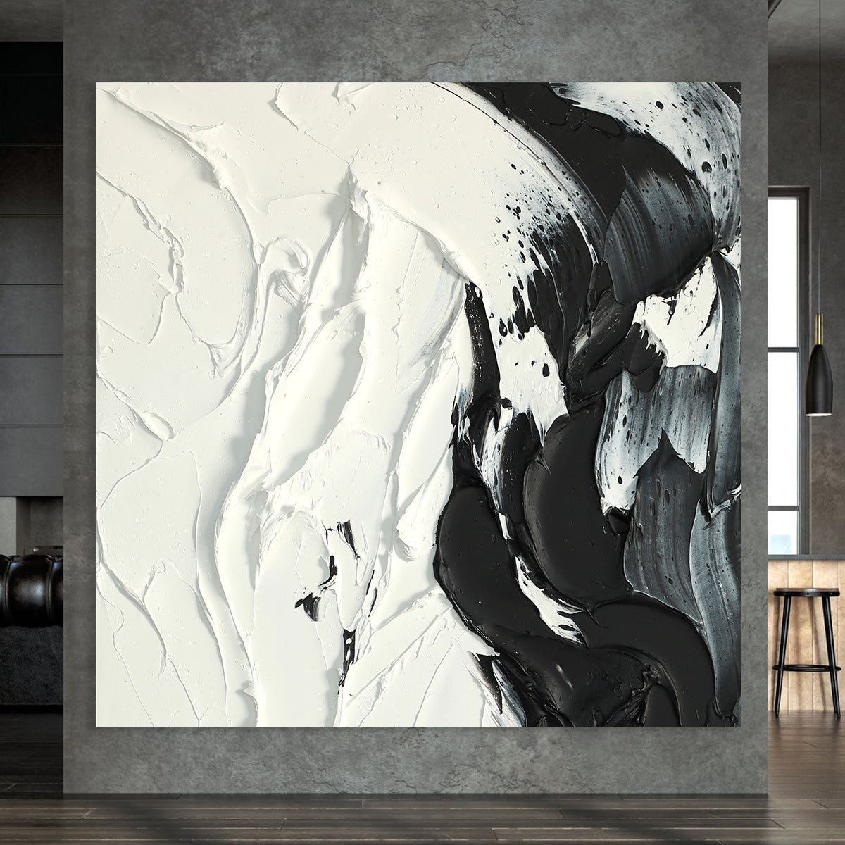 Monochrome Flowing Abstract Oil Painting for Modern Home Decor