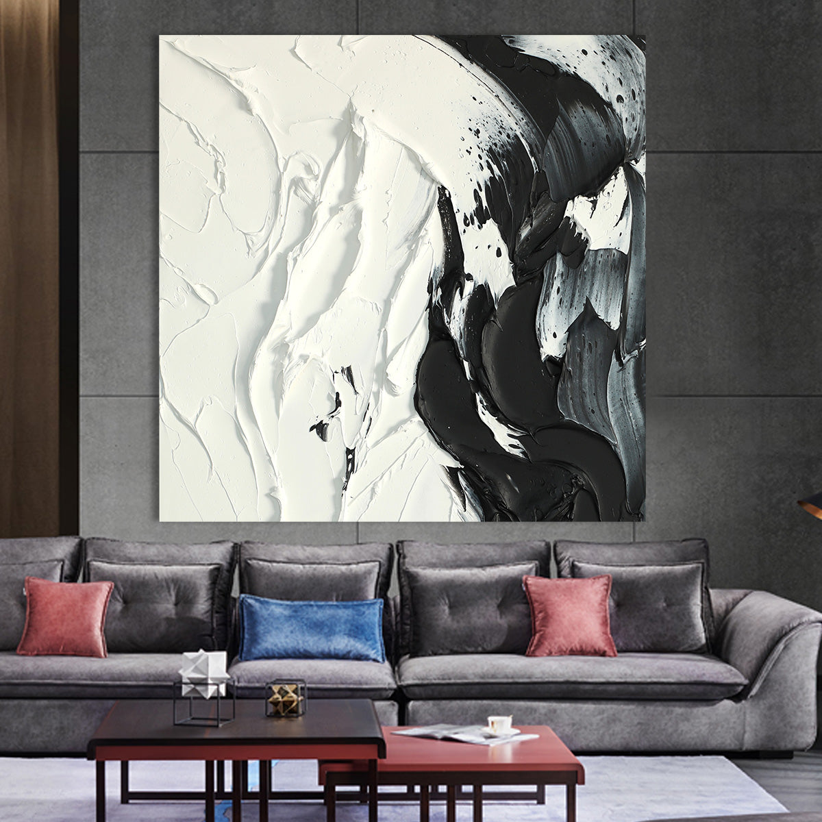 Monochrome Flowing Abstract Oil Painting for Modern Home Decor