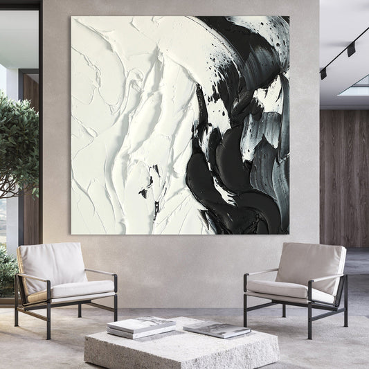 Monochrome Flowing Abstract Oil Painting for Modern Home Decor