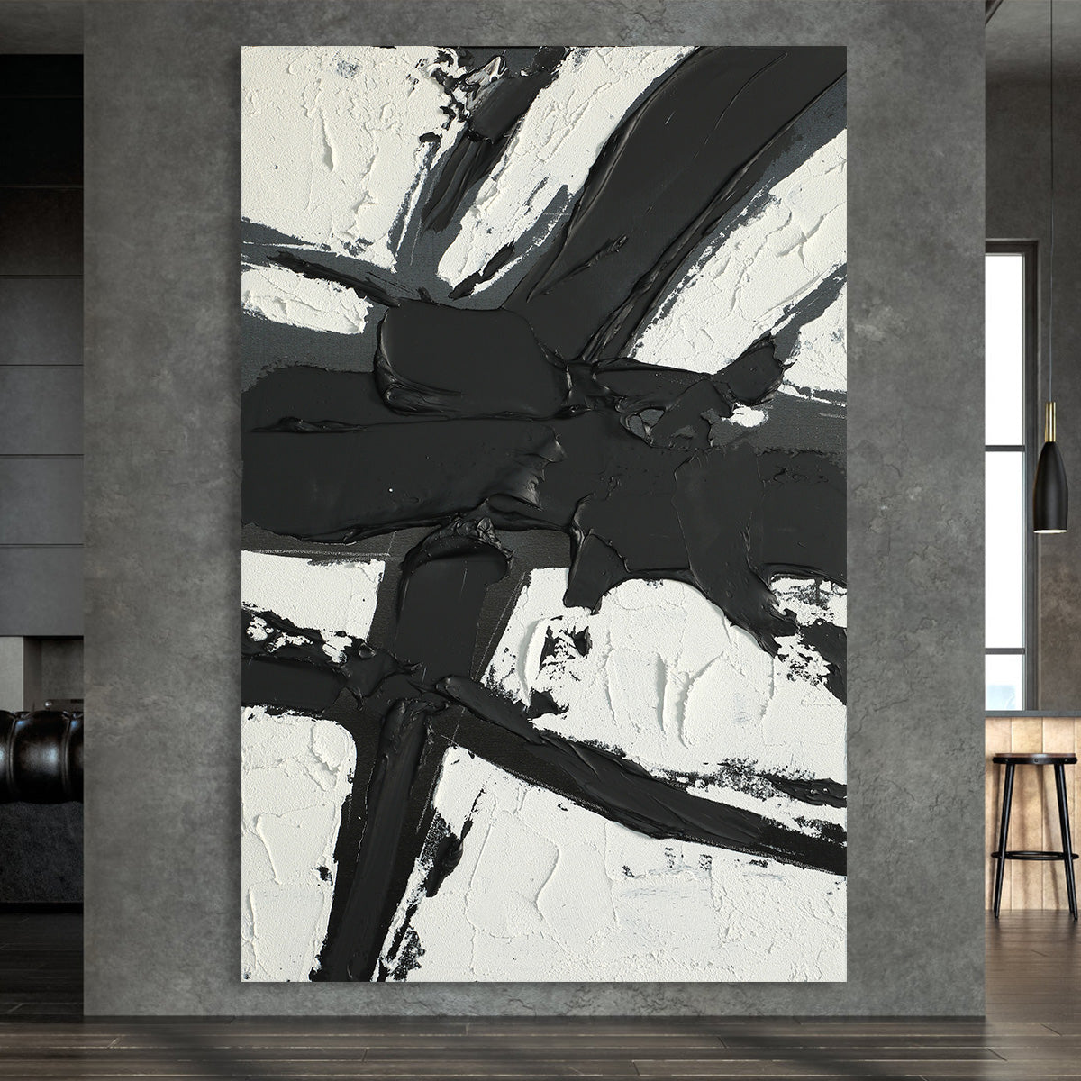 Striking Black and White Abstract Oil Painting for Modern Home Decor