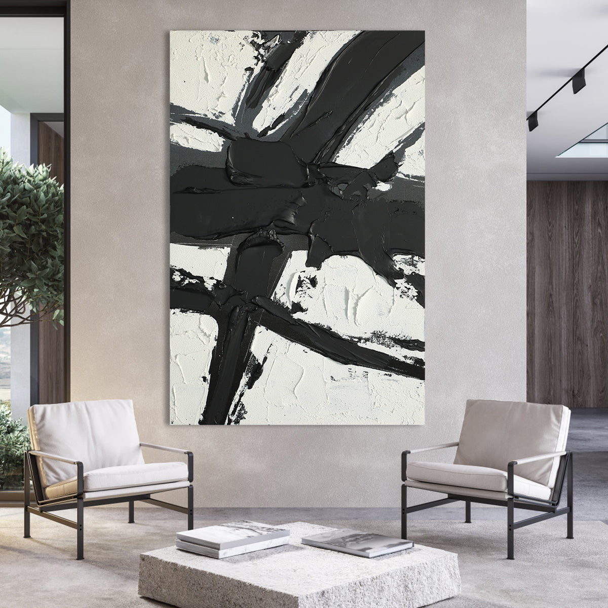 Striking Black and White Abstract Oil Painting for Modern Home Decor