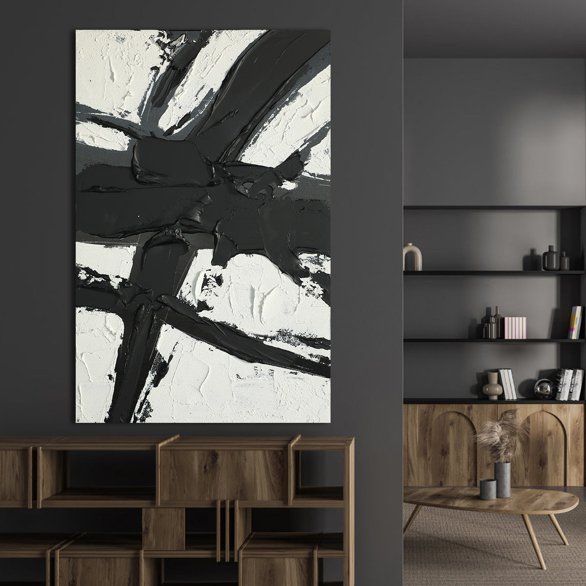 Striking Black and White Abstract Oil Painting for Modern Home Decor