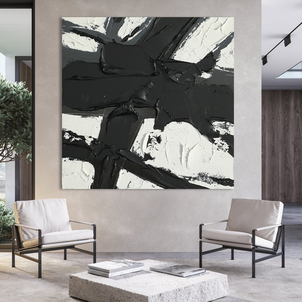 Monochrome Abstract Oil Painting for Modern Home Decor and Artistic Flair