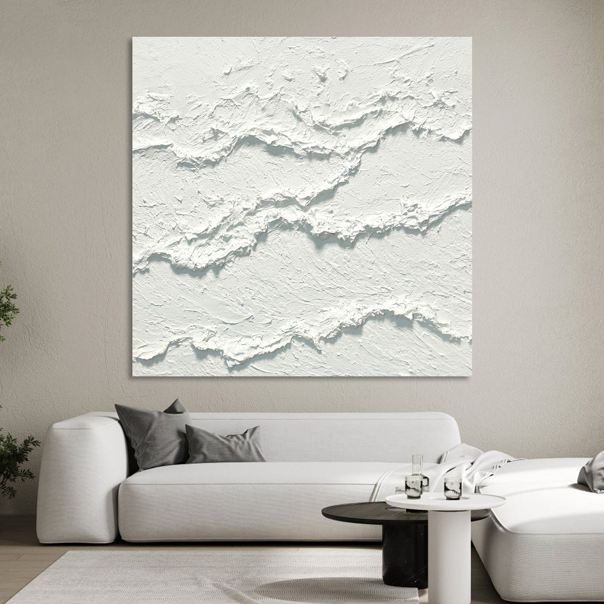 Textured White Waves Abstract Oil Painting for Contemporary Home Decor