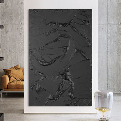 Sleek Black Abstract Oil Painting with Textured Layers for Modern Decor