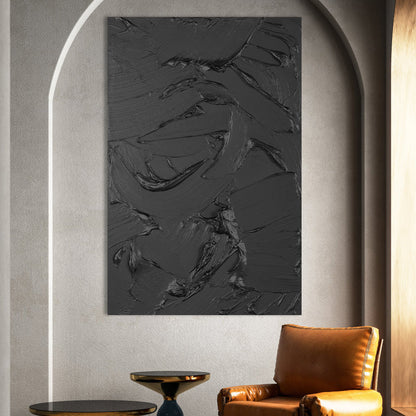 Sleek Black Abstract Oil Painting with Textured Layers for Modern Decor