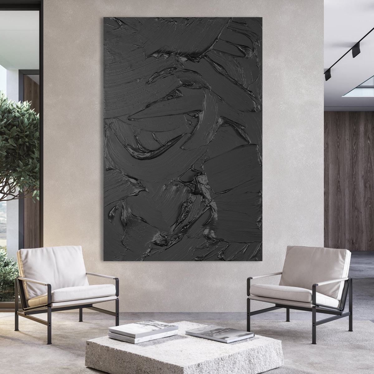 Sleek Black Abstract Oil Painting with Textured Layers for Modern Decor