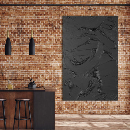 Sleek Black Abstract Oil Painting with Textured Layers for Modern Decor