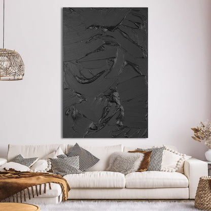 Sleek Black Abstract Oil Painting with Textured Layers for Modern Decor