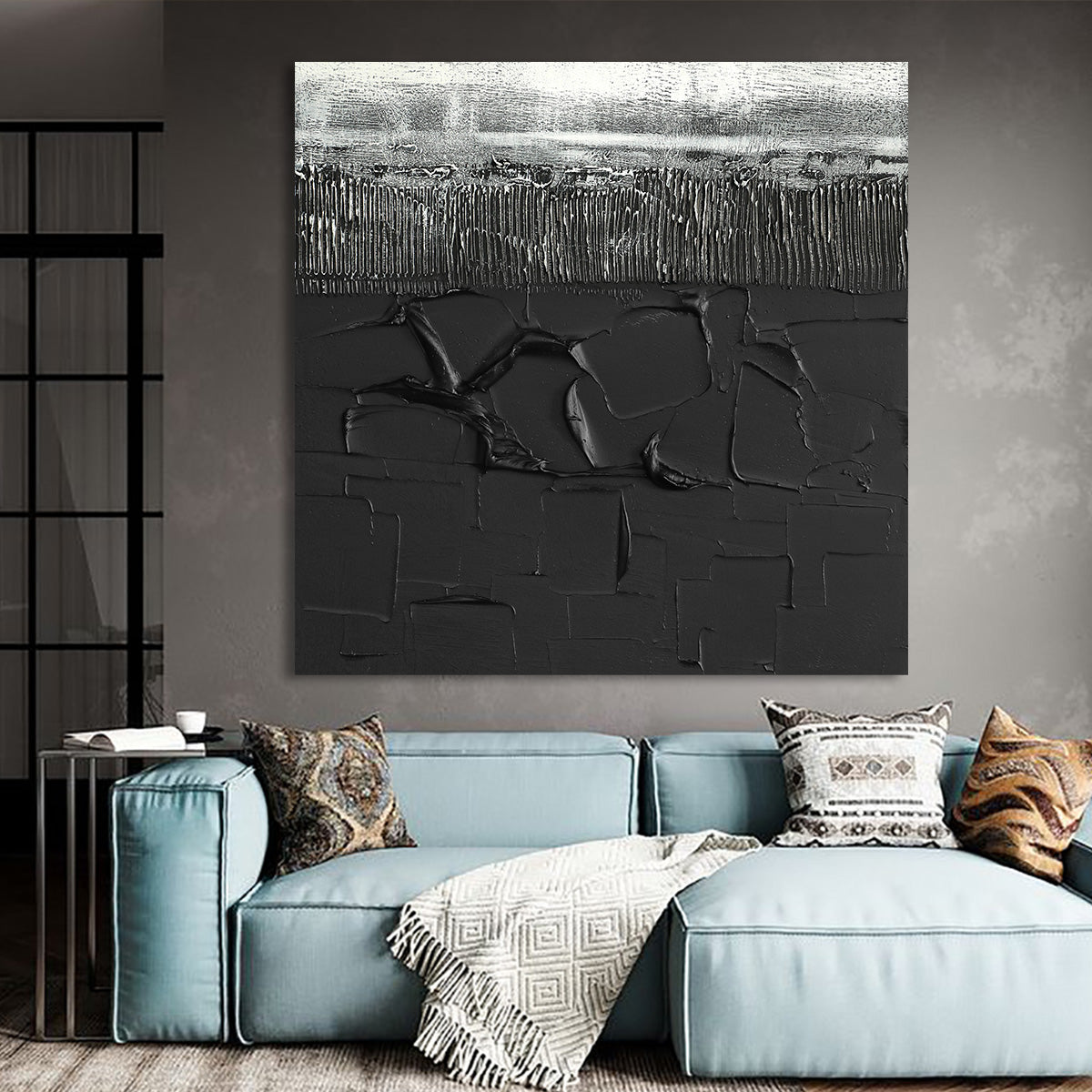 Abstract Silver and Black Textured Landscape Oil Painting for Modern Home Decor