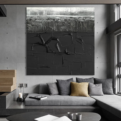 Abstract Silver and Black Textured Landscape Oil Painting for Modern Home Decor