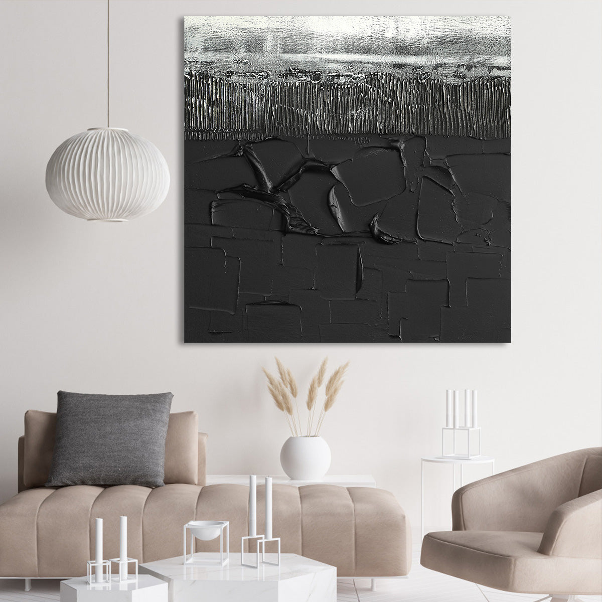 Abstract Silver and Black Textured Landscape Oil Painting for Modern Home Decor