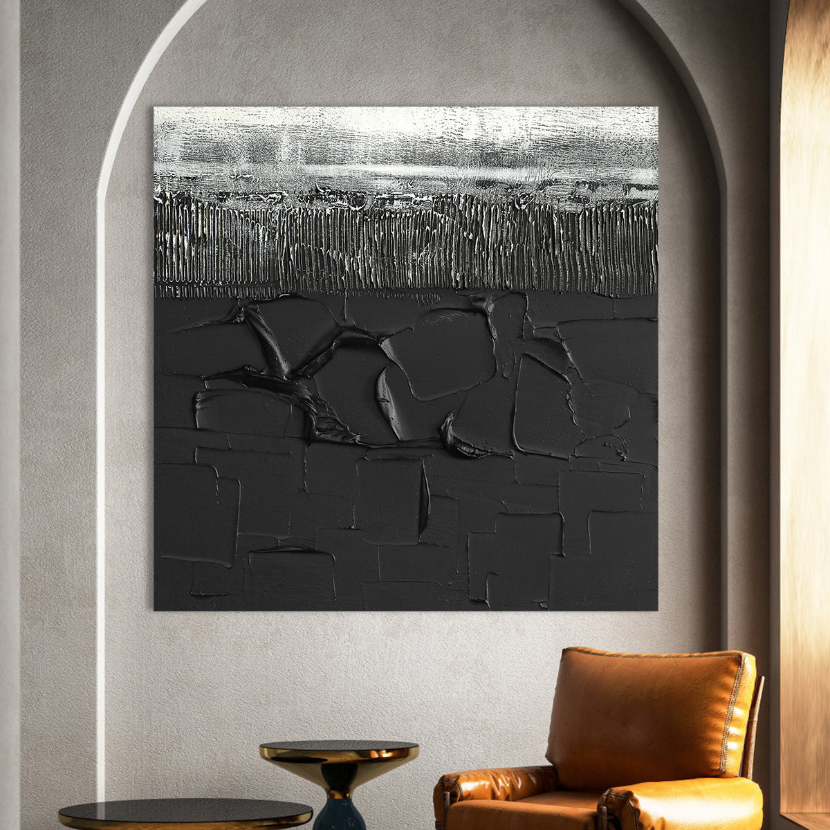 Abstract Silver and Black Textured Landscape Oil Painting for Modern Home Decor