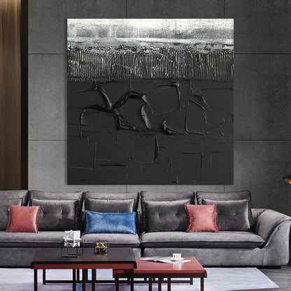 Abstract Silver and Black Textured Landscape Oil Painting for Modern Home Decor