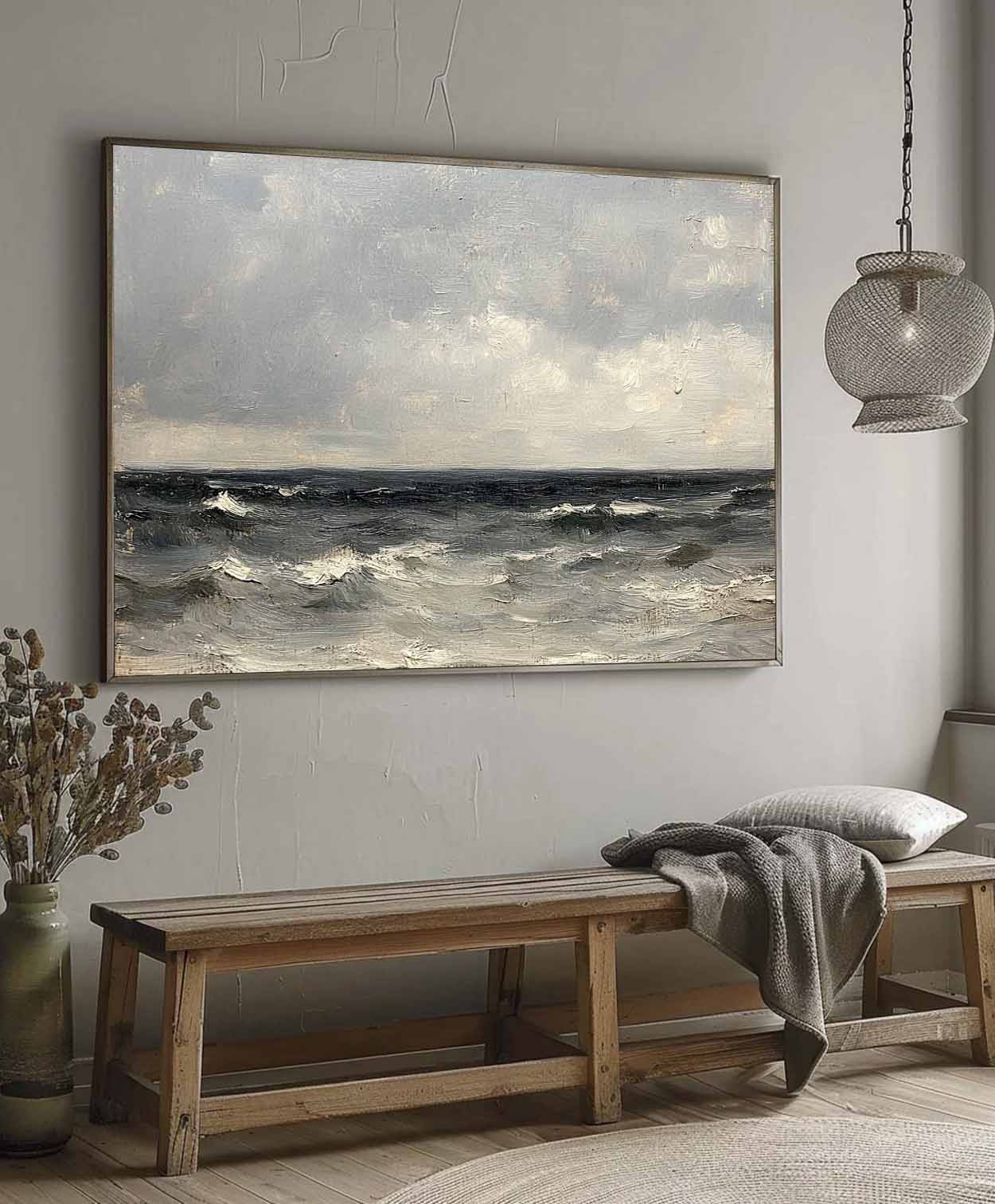Serene Coastal Wave Oil Painting with Dramatic Sky in Vintage Style
