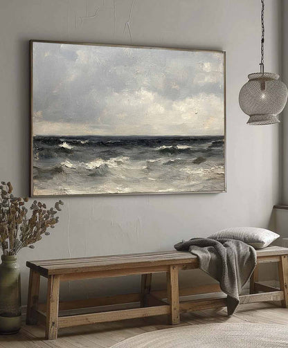 Serene Coastal Wave Oil Painting with Dramatic Sky in Vintage Style