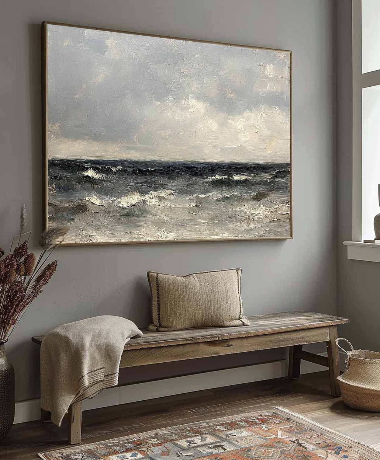 Serene Coastal Wave Oil Painting with Dramatic Sky in Vintage Style