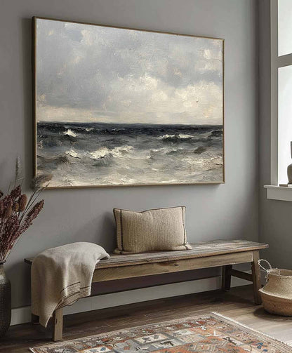 Serene Coastal Wave Oil Painting with Dramatic Sky in Vintage Style