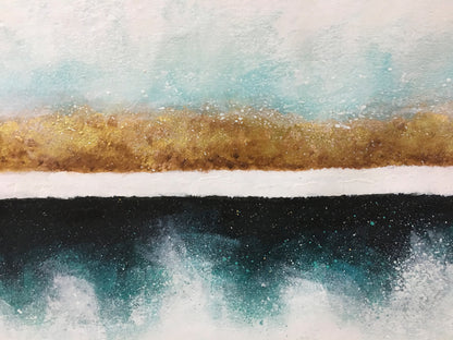 Serene Coastal Landscape Oil Painting with Teal and Gold Accents for Home Decor