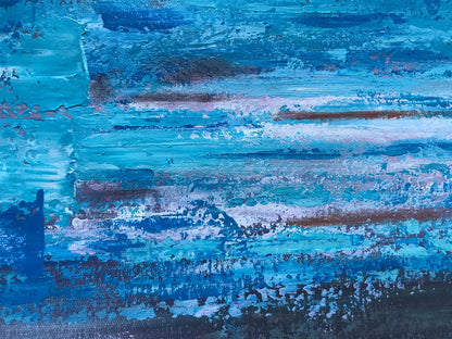 Tranquil Coastal Escape - Vibrant Blue and Golden Beach Oil Painting for Your Home