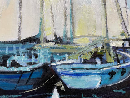 Serene Harbor Scene: Resting Sailboats In Tranquil Waters - Stunning Oil Painting