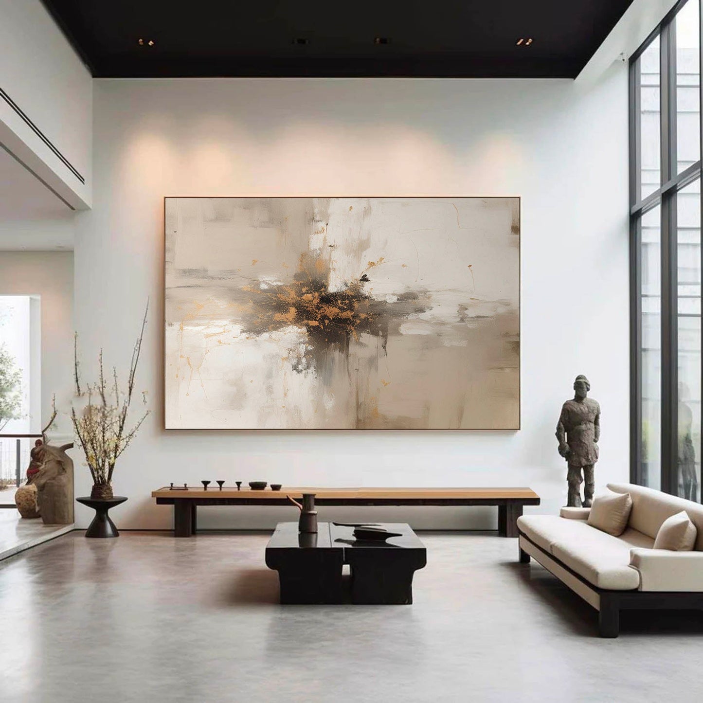 Elegant Minimalist Abstract Oil Painting with Gold Accents for Modern Decor
