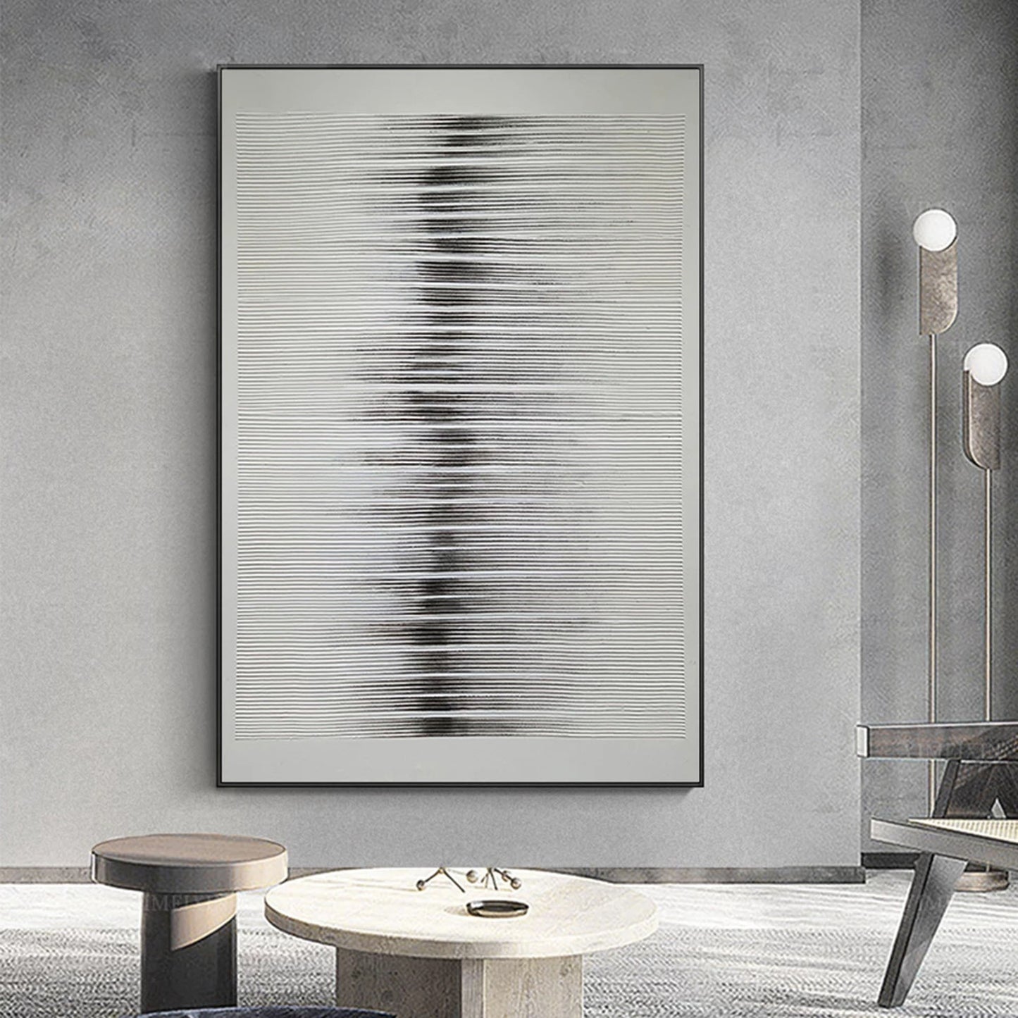 Sleek Minimalist Black and White Abstract Oil Painting for Modern Home Decor