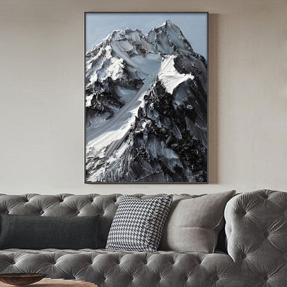 Majestic Mountain Peaks - Stunning Black and White Oil Painting for Modern Decor