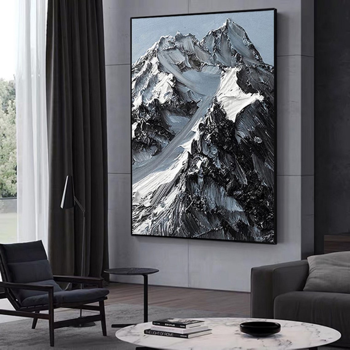 Majestic Mountain Peaks - Stunning Black and White Oil Painting for Modern Decor