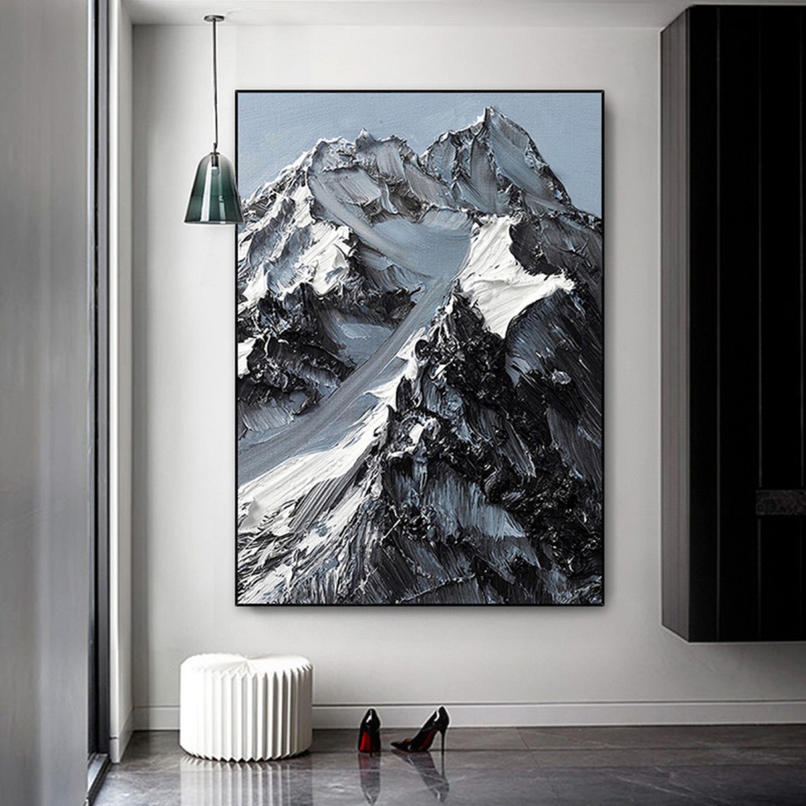 Majestic Mountain Peaks - Stunning Black and White Oil Painting for Modern Decor