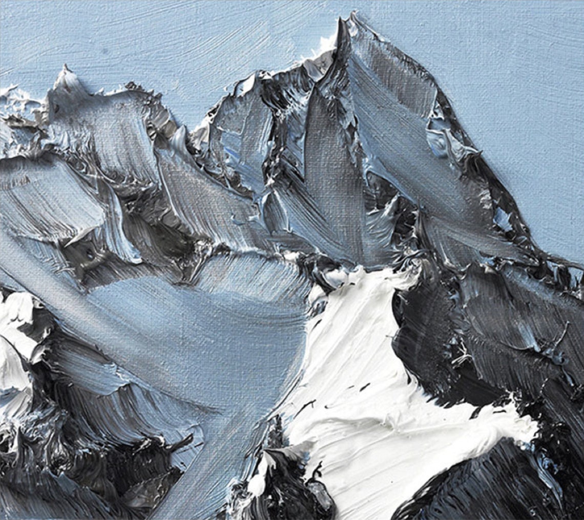 Majestic Mountain Peaks - Stunning Black and White Oil Painting for Modern Decor