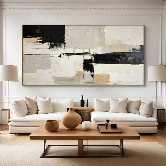 Modern Abstract Black and White Oil Painting for Minimalist Home Decor