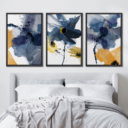 Navy Blue Floral Abstract Canvas Art Set - Elegant Watercolor Wall Decor for Home