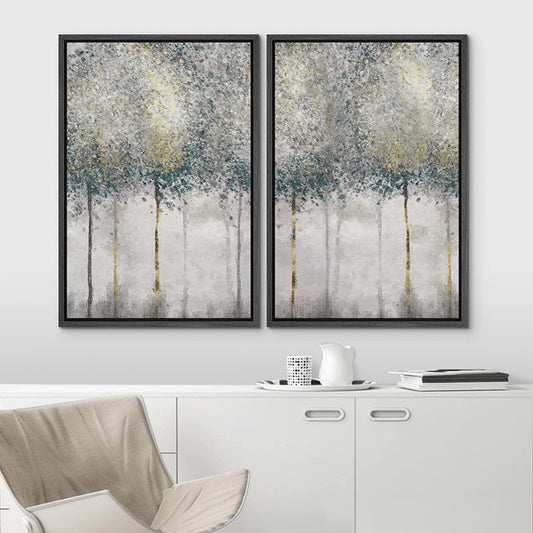 Abstract Forest Oil Painting Set in Teal and Gold - Modern Art for Home Decor