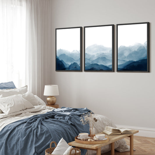 Serene Blue Mountain Landscape Triptych | Modern Watercolor Art for Home Decor