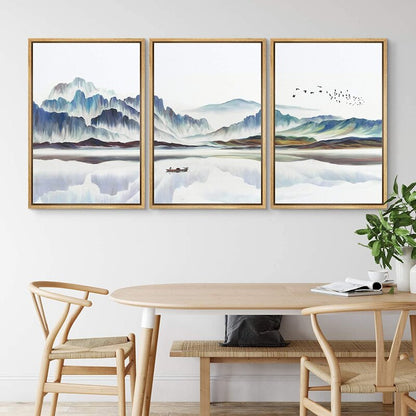 Serene Abstract Landscape with Boat and Mountains ‚Äì Modern Framed Canvas Wall Art