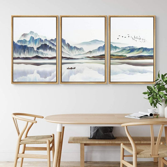 Serene Abstract Landscape with Boat and Mountains ‚Äì Modern Framed Canvas Wall Art