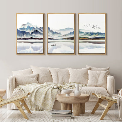 Serene Abstract Landscape with Boat and Mountains ‚Äì Modern Framed Canvas Wall Art