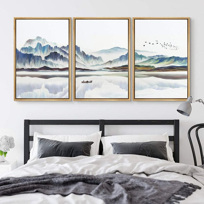 Serene Abstract Landscape with Boat and Mountains ‚Äì Modern Framed Canvas Wall Art