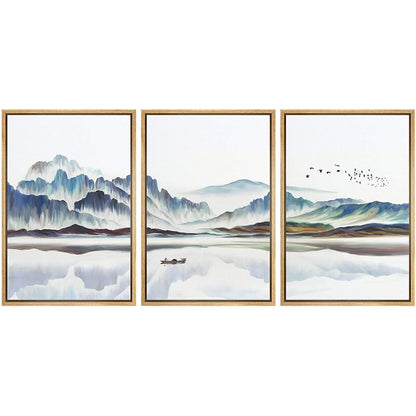Serene Abstract Landscape with Boat and Mountains ‚Äì Modern Framed Canvas Wall Art