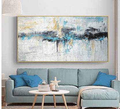 Abstract Alaska Landscape Oil Painting in Blue and Gold for Modern Home Decor