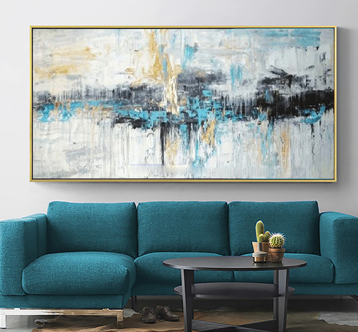 Abstract Alaska Landscape Oil Painting in Blue and Gold for Modern Home Decor