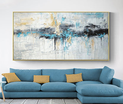 Abstract Alaska Landscape Oil Painting in Blue and Gold for Modern Home Decor