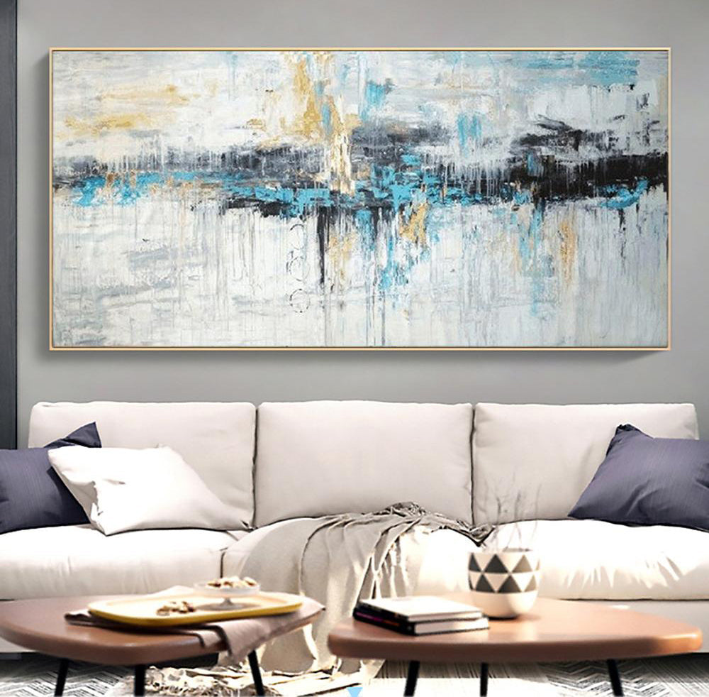 Abstract Alaska Landscape Oil Painting in Blue and Gold for Modern Home Decor