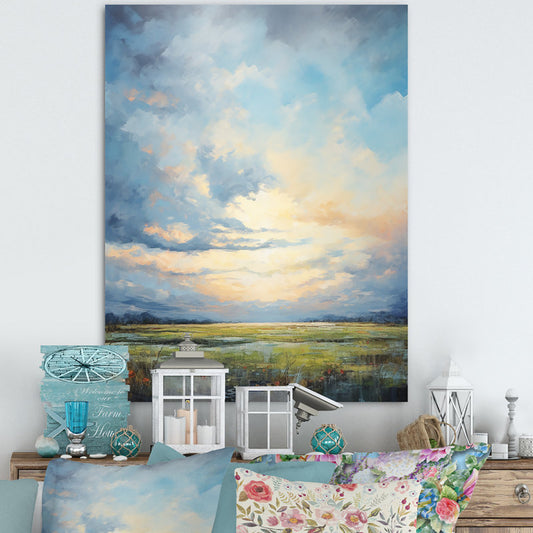 Serene Meadow Landscape at Dusk - Oil Painting for Tranquil Home Decor